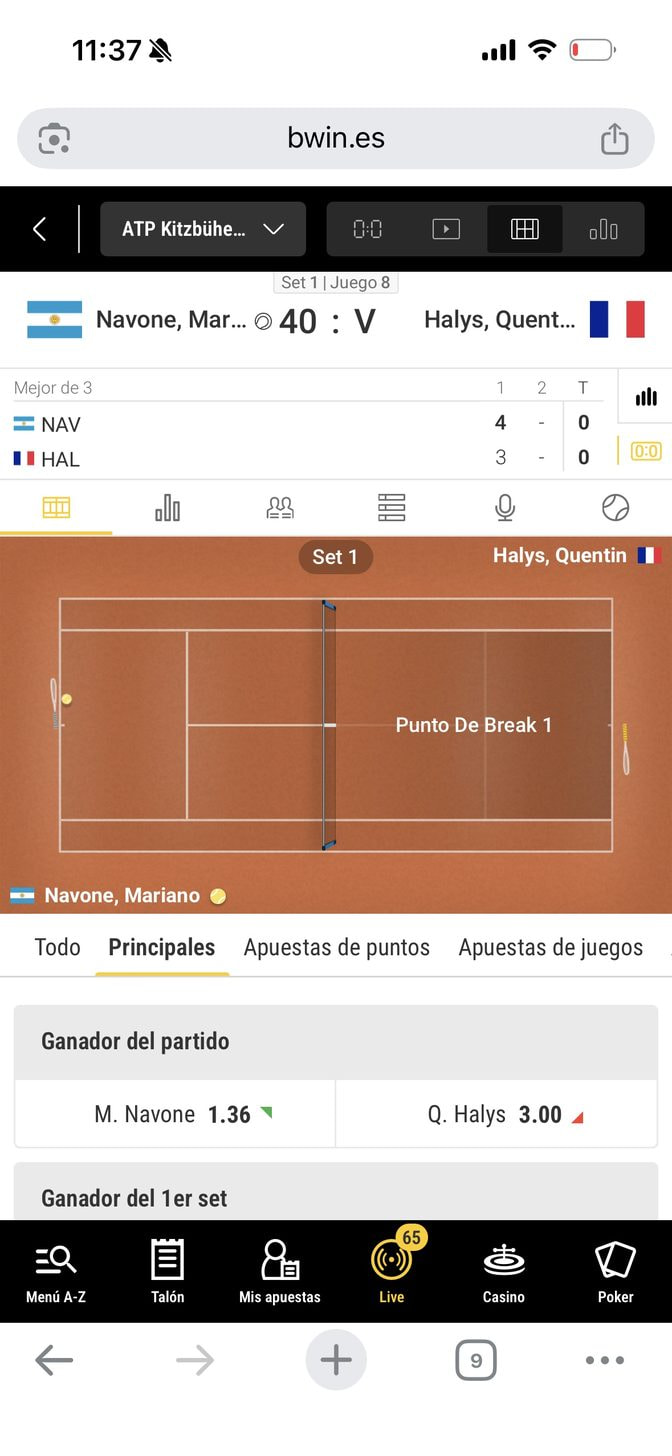 Captura de pantalla de bwin con el seguimiento del evento y de las apuestas en vivo realizadas