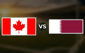 Banderas de Canadá y Catar enfrentadas sobre un campo de fútbol difuminado, pronóstico del Mundial 2026