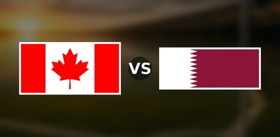 Banderas de Canadá y Catar enfrentadas sobre un campo de fútbol difuminado, pronóstico del Mundial 2026