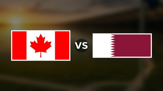 Banderas de Canadá y Catar enfrentadas sobre un campo de fútbol difuminado, pronóstico del Mundial 2026