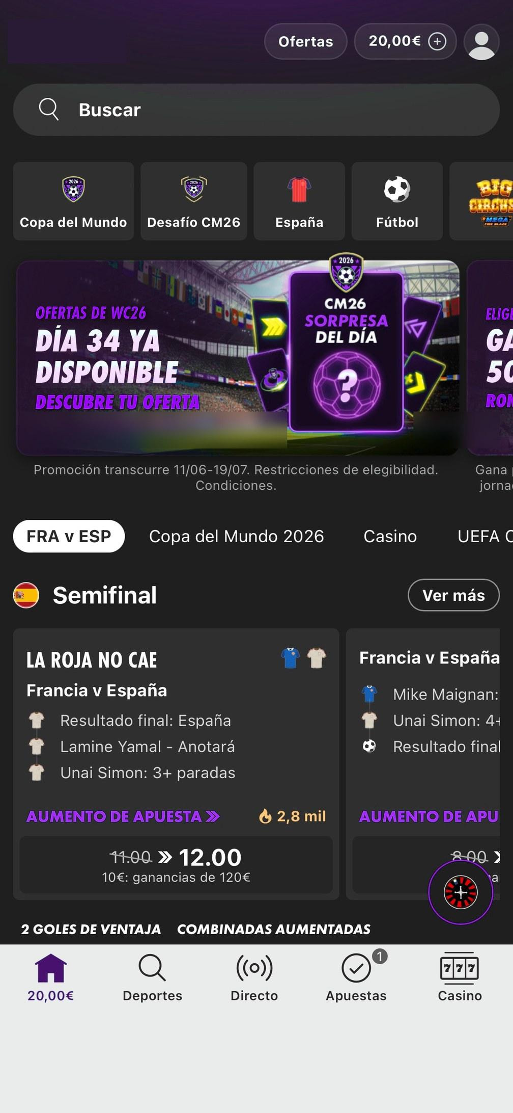 Pantalla de inicio de una casa de apuestas con la pestaña Apuestas para abrir tus apuestas activas