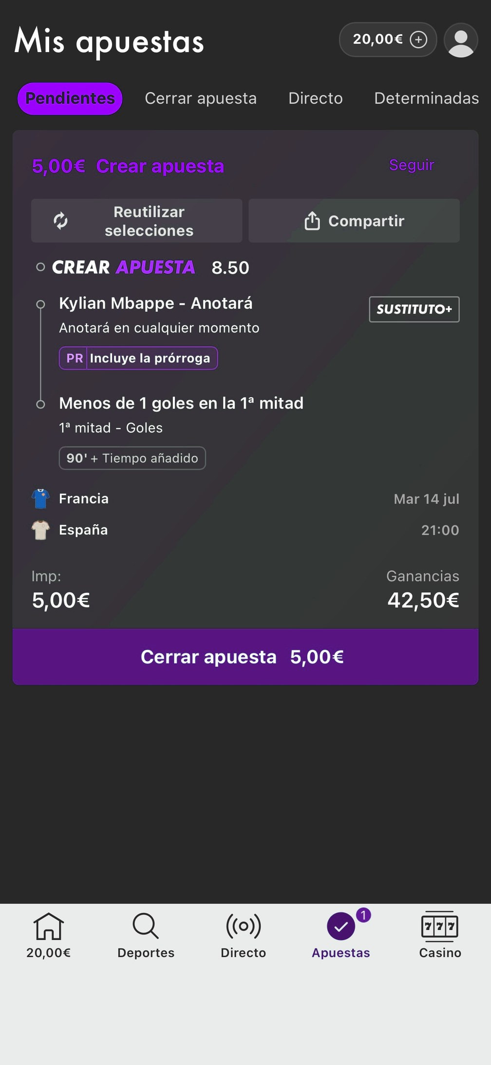Apuesta abierta en Mis apuestas con el botón de cash out y el importe ofrecido de 5 euros