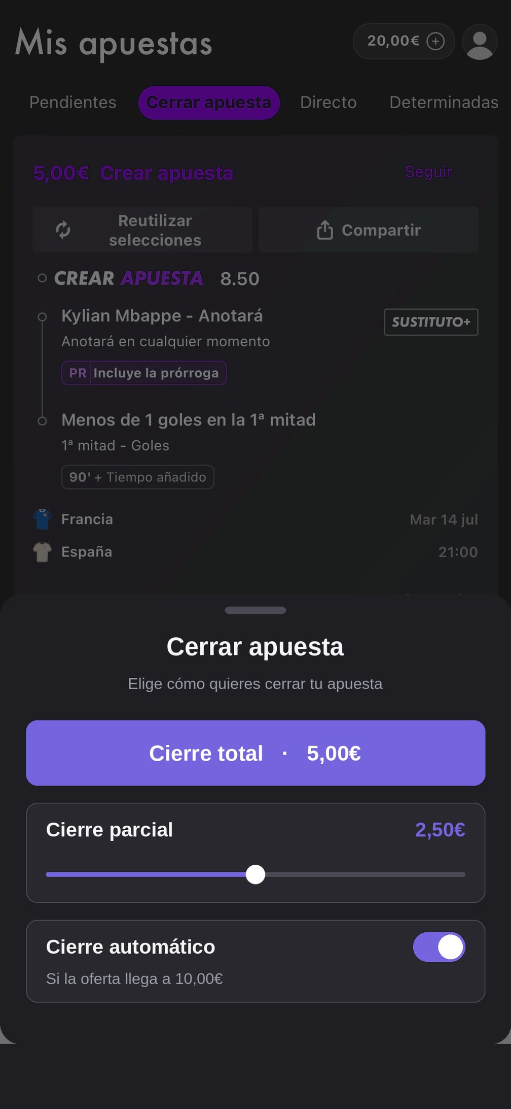 Panel de cash out con las opciones de cierre total, cierre parcial con barra e importe y cierre automático con regla