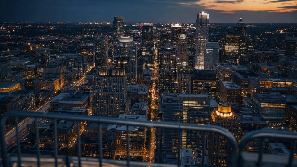 Skyline nocturno de una gran ciudad norteamericana con una valla de seguridad en primer plano durante el Mundial 2026