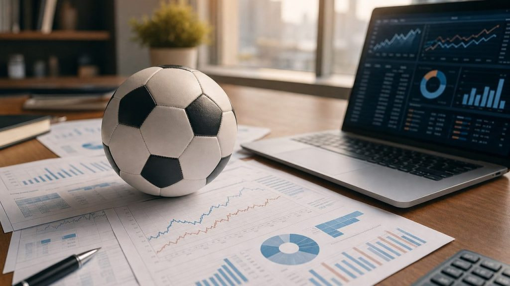 Un balón de fútbol sobre gráficos financieros y un portátil con paneles de datos, ilustrando el modelo que predice al campeón del Mundial