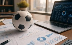 Un balón de fútbol sobre gráficos financieros y un portátil con paneles de datos, ilustrando el modelo que predice al campeón del Mundial