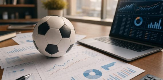 Un balón de fútbol sobre gráficos financieros y un portátil con paneles de datos, ilustrando el modelo que predice al campeón del Mundial