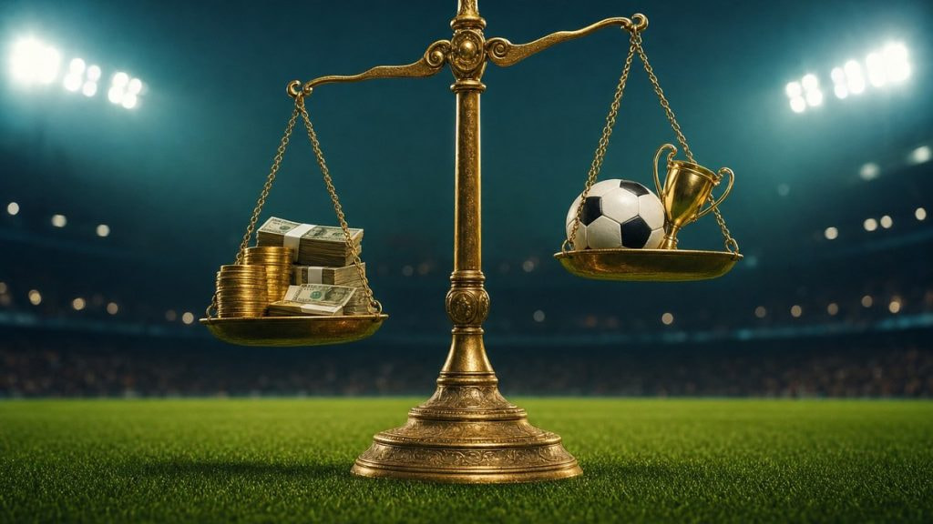 Balanza dorada sobre el césped de un estadio con billetes y monedas en un platillo y un balón junto a un trofeo en el otro
