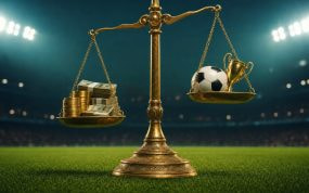 Balanza dorada sobre el césped de un estadio con billetes y monedas en un platillo y un balón junto a un trofeo en el otro