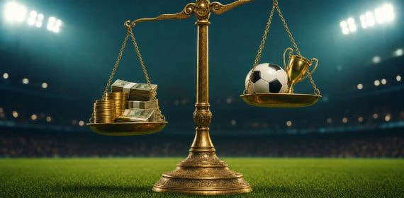 Balanza dorada sobre el césped de un estadio con billetes y monedas en un platillo y un balón junto a un trofeo en el otro