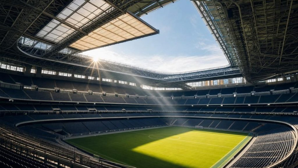 Interior de un estadio con techo retráctil parcialmente abierto y el sol iluminando el césped en el Mundial 2026