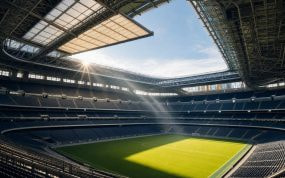 Interior de un estadio con techo retráctil parcialmente abierto y el sol iluminando el césped en el Mundial 2026