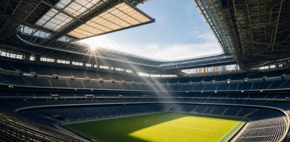Interior de un estadio con techo retráctil parcialmente abierto y el sol iluminando el césped en el Mundial 2026