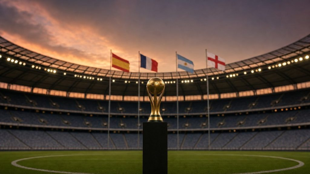 Trofeo dorado en el círculo central de un estadio al atardecer con las banderas de España, Francia, Argentina e Inglaterra