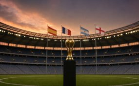 Trofeo dorado en el círculo central de un estadio al atardecer con las banderas de España, Francia, Argentina e Inglaterra