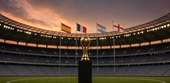 Trofeo dorado en el círculo central de un estadio al atardecer con las banderas de España, Francia, Argentina e Inglaterra