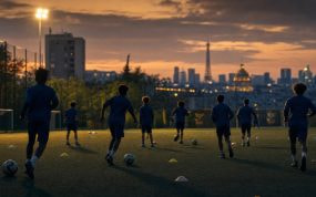Jóvenes futbolistas entrenan al atardecer en un campo de formación con el skyline de París al fondo