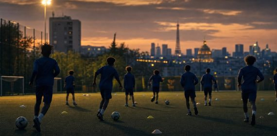 Jóvenes futbolistas entrenan al atardecer en un campo de formación con el skyline de París al fondo