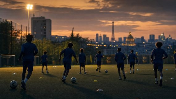 Jóvenes futbolistas entrenan al atardecer en un campo de formación con el skyline de París al fondo