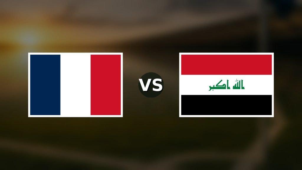 Banderas de Francia y Irak enfrentadas sobre un campo de fútbol difuminado, pronóstico del Mundial 2026