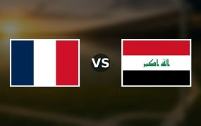Banderas de Francia y Irak enfrentadas sobre un campo de fútbol difuminado, pronóstico del Mundial 2026