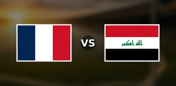 Banderas de Francia y Irak enfrentadas sobre un campo de fútbol difuminado, pronóstico del Mundial 2026