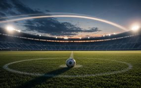 Balón en el círculo central de un estadio vacío al anochecer, focos encendidos y un arco de luz cruzando el cielo