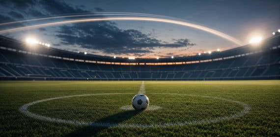 Balón en el círculo central de un estadio vacío al anochecer, focos encendidos y un arco de luz cruzando el cielo