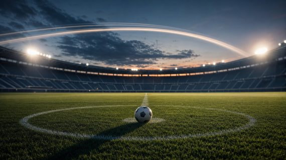 Balón en el círculo central de un estadio vacío al anochecer, focos encendidos y un arco de luz cruzando el cielo
