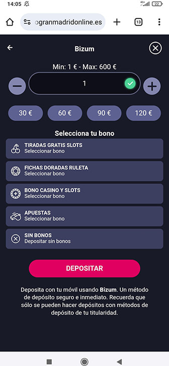 Pantalla para indicar el importe del depósito con Bizum desde 1 euro