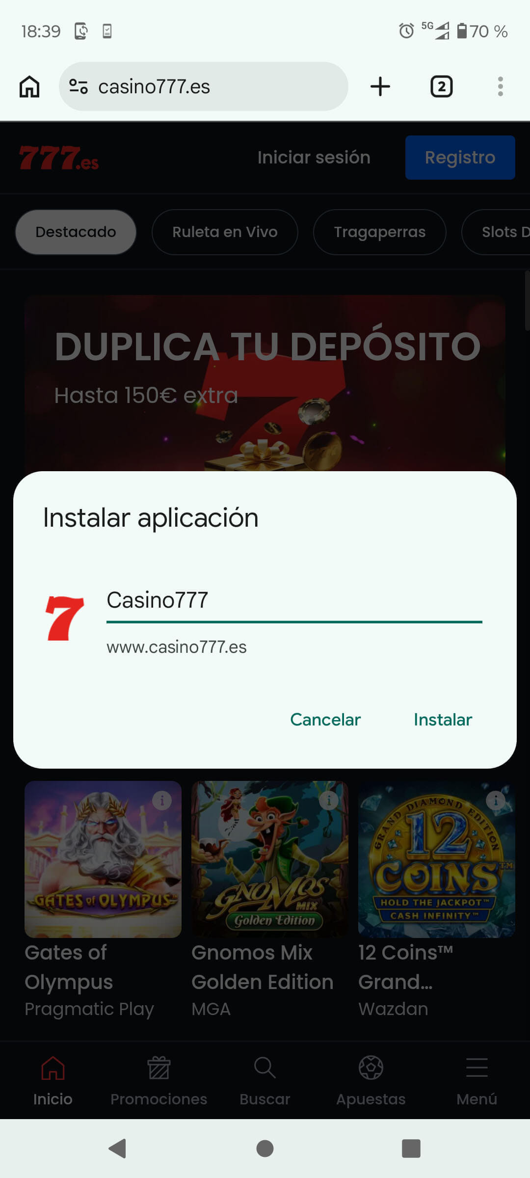 Instala la app de apuestas tocando Añadir o Instalar