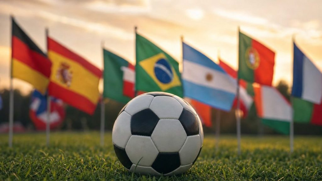 Balón de fútbol sobre el césped rodeado de banderas nacionales al atardecer, símbolo del Mundial 2026