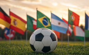 Balón de fútbol sobre el césped rodeado de banderas nacionales al atardecer, símbolo del Mundial 2026