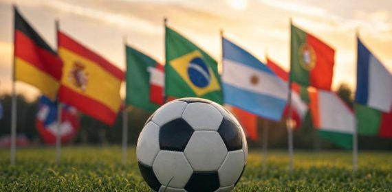 Balón de fútbol sobre el césped rodeado de banderas nacionales al atardecer, símbolo del Mundial 2026