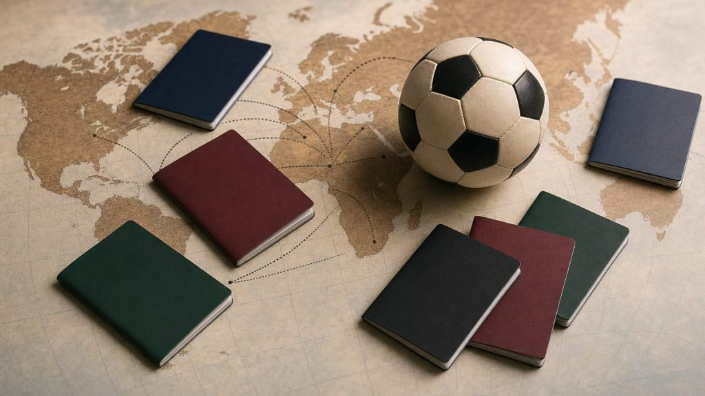 Pasaportes de distintos colores y un balón de fútbol sobre un mapamundi con rutas migratorias entre continentes