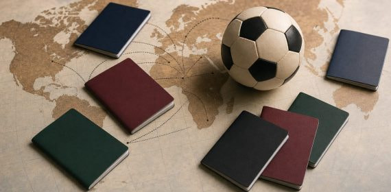 Pasaportes de distintos colores y un balón de fútbol sobre un mapamundi con rutas migratorias entre continentes
