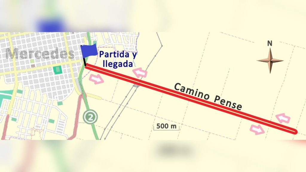 Un mapa con el recorrido de una prueba marcado en rojo entre una localidad y un camino rural