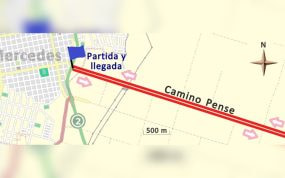 Un mapa con el recorrido de una prueba marcado en rojo entre una localidad y un camino rural