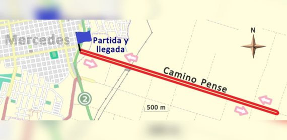 Un mapa con el recorrido de una prueba marcado en rojo entre una localidad y un camino rural