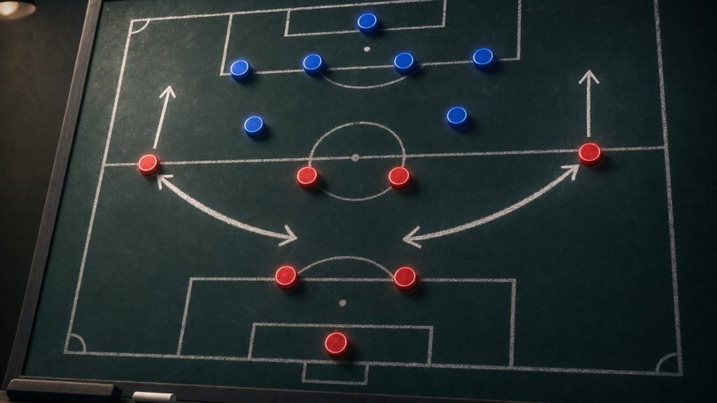 Pizarra táctica de fútbol con flechas que llevan a los laterales desde la banda hacia el mediocampo