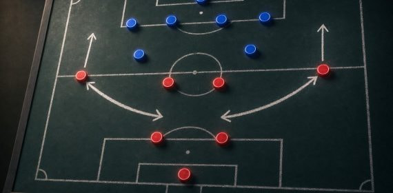 Pizarra táctica de fútbol con flechas que llevan a los laterales desde la banda hacia el mediocampo