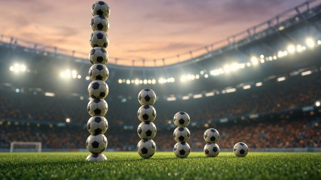 Columnas de balones de distinta altura en un estadio, símbolo del reparto de jugadores por liga en el Mundial 2026