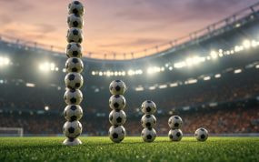 Columnas de balones de distinta altura en un estadio, símbolo del reparto de jugadores por liga en el Mundial 2026