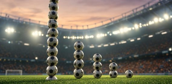 Columnas de balones de distinta altura en un estadio, símbolo del reparto de jugadores por liga en el Mundial 2026
