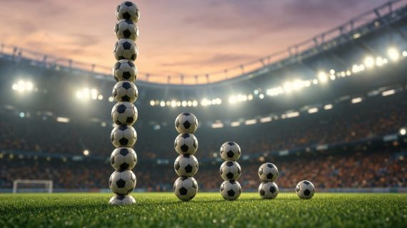 Columnas de balones de distinta altura en un estadio, símbolo del reparto de jugadores por liga en el Mundial 2026