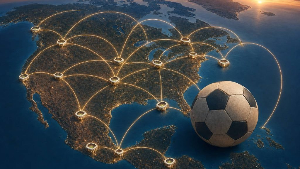 Ilustración de un mapa de Norteamérica con rutas aéreas conectando estadios del Mundial 2026 y un balón de fútbol