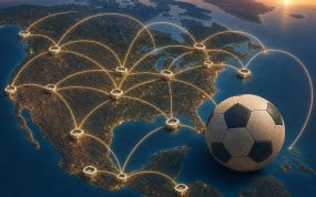 Ilustración de un mapa de Norteamérica con rutas aéreas conectando estadios del Mundial 2026 y un balón de fútbol