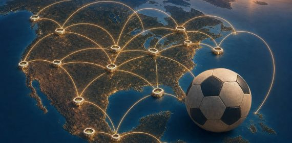 Ilustración de un mapa de Norteamérica con rutas aéreas conectando estadios del Mundial 2026 y un balón de fútbol