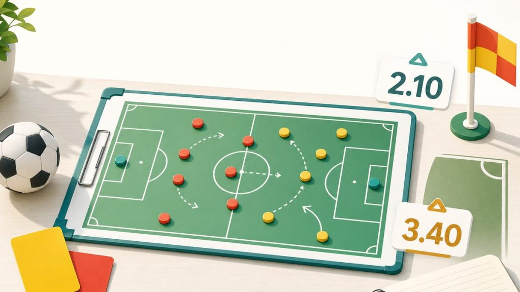 Pizarra táctica de fútbol con tarjetas, córner y etiquetas de cuotas que ilustran los mercados de apuestas del Mundial