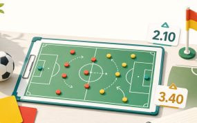 Pizarra táctica de fútbol con tarjetas, córner y etiquetas de cuotas que ilustran los mercados de apuestas del Mundial